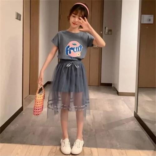 3T 4T 5T 6 7 8 9 10 12 14Yrs Girls Summer Suit for Childrens Clothing 2021 New Teens Kids Pattern Print T-shirt Mesh Skirt Set