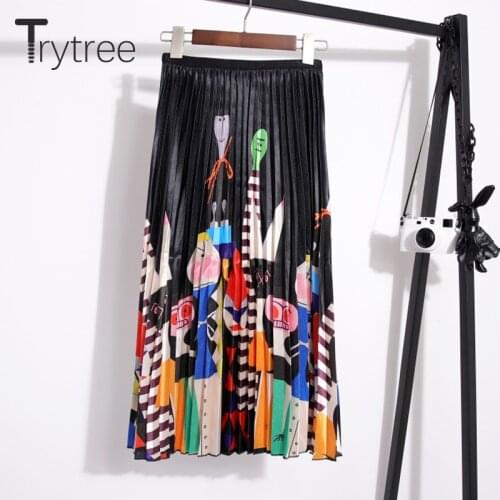 Trytree Summer Autumn Pleated Skirt Womens Print Cartoon Skirt Mid-Calf Elastic Waist Skirts A-Line High Street Skirt Female