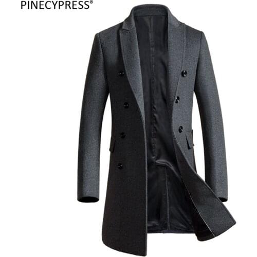 Man Wool Jacket Long High Quality Formal Business Grey Double Breasted Button Male Trench Pockets Overcoat Warm Men Woolen Coat