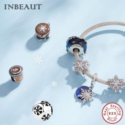 Original 925 Sterling Silver Blue Zircon Elf Beads Coffee Snowflake Pendant DIY fit Silver Bracelet Snowflake Series Jewelry