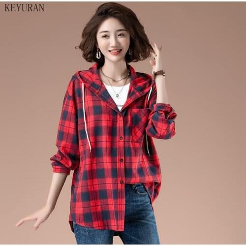 Plus Size Womens Casual Tops Ladies Vintage Shirts Female Loose Hooded Plaid Oversized Blouse