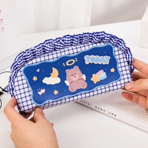 Grid Pencil Case Kawaii Pencil Bags Korean Stationery Canvas Lace Pen Case For Girls Trousse Scolaire Cute School Pencil Cases