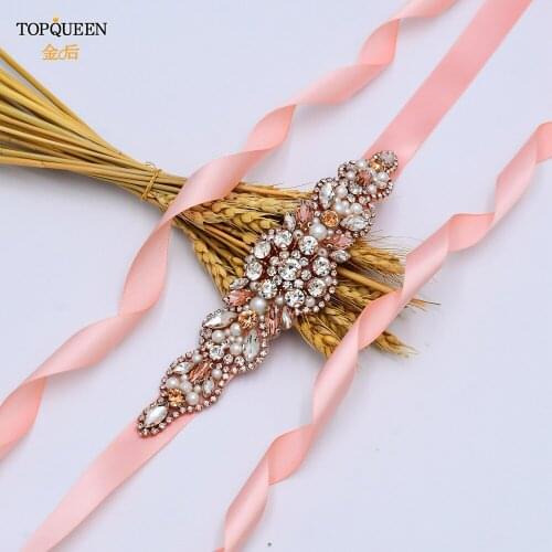 TOPQUEEN S426 Rose Gold Jewel Sash for Bride Diamond Belt Rhinestone Belt for Wedding Sash Prom Dress Belt Luxury Shiny Belt