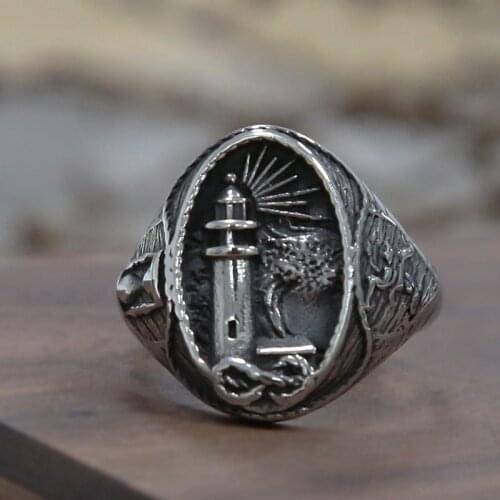 Vintage Gothic Lighthouse Viking Ring 316L Stainless Steel Mens Nautical Signet Ring Male Punk Biker Ring Jewelry Gift Size 7-15