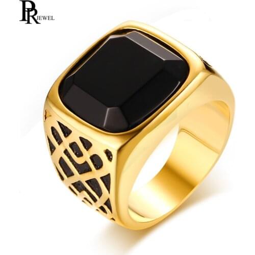 Vintage Black Carnelian Stone Signet Rings for Men Gold Tone Stainless Steel Male Jewelry