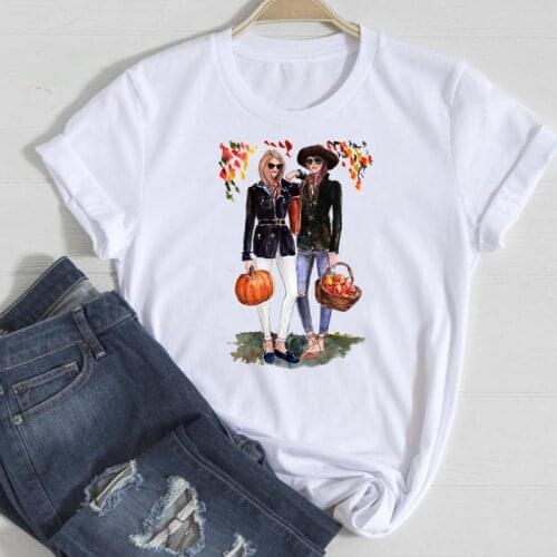Women Thanksgiving Trend Style New Female Tee Top Print T-Shirt Happy Halloween Autumn Fall Graphic Clothes Tshirt T