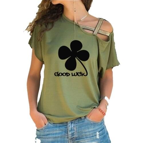 Four Leaf Clover Good Luck Charm Print Plus Size T-shirt Summer Women Cotton Irregular Skew Neck Cross Bandage tshirts
