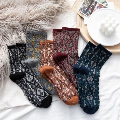 Retro Ethnic Style Womens Socks Autumn and Winter Rhomboid Socks Japanese College Style Tube Socks Ladies Baroque Pile Socks