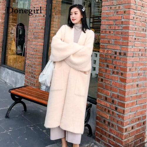 Luxury ladies long faux mink fur cardigans new 2020 warm plus winter wool Sweaters cloths mujer Big pocket Overcoat