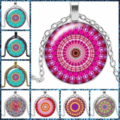 2019 New Sacred Geometry National Wind Mandala Necklace Jewelry Pendant Crystal Convex Round Glass Necklace Girl Gift