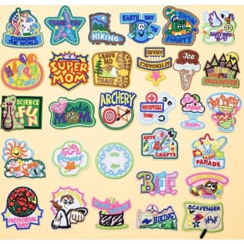 50pcs/lot Embroidery Patch Animal Plant Letter Happy Fun Kids Clothing Decoration Sewing Accessory Iron Heat Transfer Applique