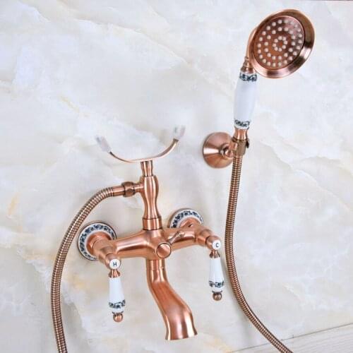 Antique Red Copper Brass Double Ceramic Handles Wall Mounted Bathroom Clawfoot Bathtub Tub Faucet Mixer Tap w/Hand Shower ana379