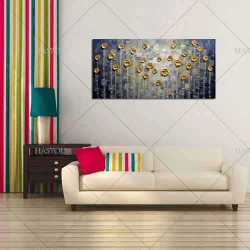 Large long Hand Painted Abstract Flower Oil Painting on Canvas Handmade Acrylic gold flower tree Paintings Wall Art Home Decor