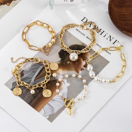 LOVR Gold Color Beads Pearl Bracelets For Women Fashion Multilayer Cross Butterfly Chain Statement Charm Bracelet Jewelry Punk