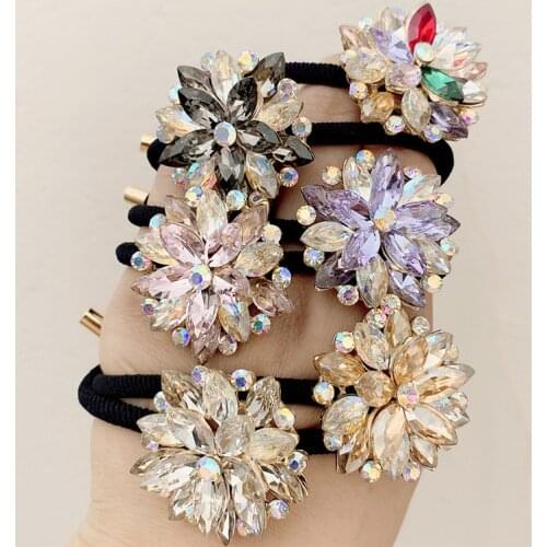 Double Plum Blossom Full Rhinestone Hair Rope Sen Tie Flower Retro Head Rope Female Net Red Tie Ponytail Black Hair Tie