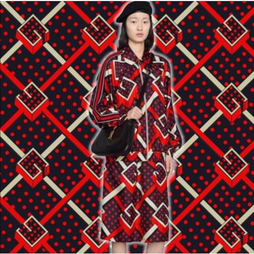 Polyester stretch satin fabric European brand G series red dot pattern digital printing skirt shirt sewing fabric
