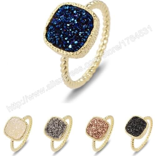 Natural Agates Titanium Druzy stone Ring 12mm gold plate Square multi-color multi size fashion druzy rings zg058