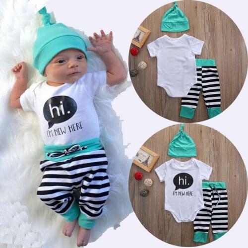 Newborn Baby Boy Girl 0-18M Romper T Shirt Tops+Long Strip Pants+Hat 3Pcs Outfit Set