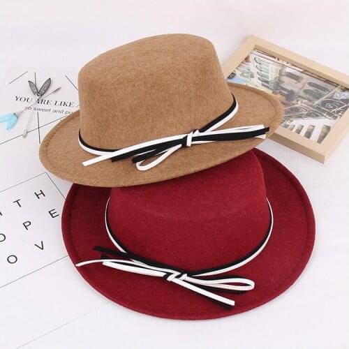 Fashion Lady British Retro Flat Top Wool Jazz Cap Autumn Winter Vintage Fedoras Women Men Bowknow Tie Fedora Hats