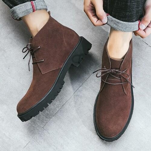 Mens Cowhide Boots Chelsea Boots Ankle Boots Plus Velvet High-top Martin Boots Outdoor Walking Shoes Wear Resistant Casual