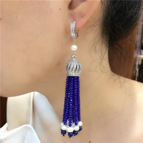 Natural 3mm Faceted Round lapis lazuli with white pearl CZ Paved Crystal Hook Earrings