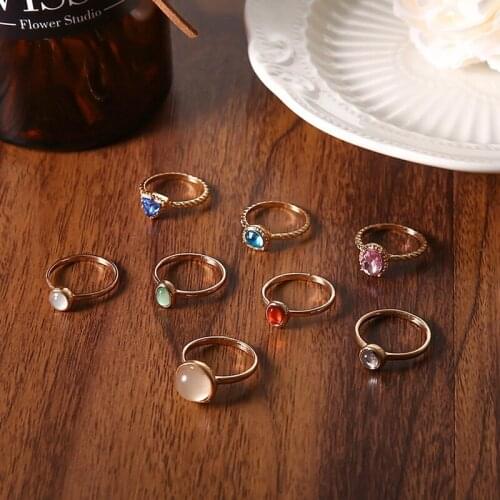 2021 New Korea 8pcs/set Vintage Colorful Stone Metallic Chain Trendy Geometry Hit Rings Set For Women Girls Jewelry