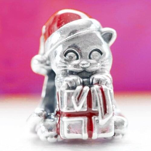 Original Red Enamel Christmas Kitten With A Ribbon-wrapped Gift Beads Fit 925 Sterling Silver Charm Bracelet DIY Jewelry