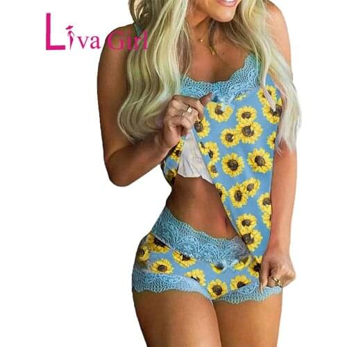 LIVA GIRL Woman Lace Trim Sunflower Camisole And Shorts Pajamas Set 2021 Summer Female Printed Casual Loose Loungewear Set XXL