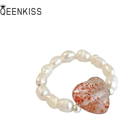 QEENKISS RG706 Fine Jewelry Wholesale Fashion Trendy Woman Girl Birthday Wedding Gift Adjustable Acrylic Pearl 18KT Gold Ring