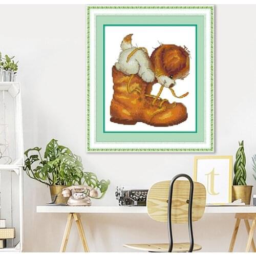 Romantic Story Cute Puppy Tie Shoes Painting Cross Stitch Handmade Needlework DMC Cross-Stitch For Embroidery Kits