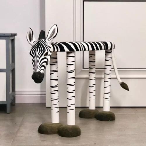 Solid wood hand carving Large animals zebra Shoe changing stool Shoe stool in porch Adult stool Make up stool Foyer stool