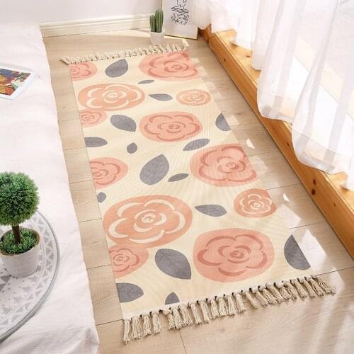 Home Hand Woven Geometry Natural Cotton Linen Tassel Carpet Retro Sofa Pad Bedside Tapestry Bedroom Bedside Floor Mat Decoration