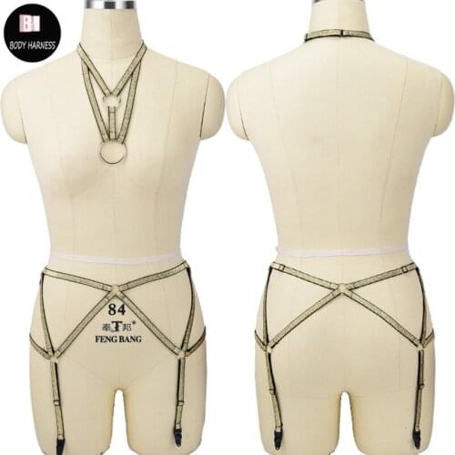 Top Neck Harness+Garter Belt Sexy Women Bondage Body Harness Suit Fetish Wear Body Cage Gothic Rave Leg Stockings Belt