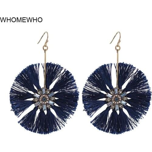 WHOMEWHO Gold Metal Handmade Navy Blue Thread Tassel Acrylic Rhinestone Flower Minimalist Earring Korean Fashion Wedding Jewelry