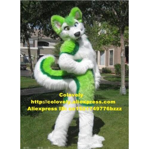 Green Long Fur Furry Wolf Fox Husky Dog Fursuit Mascot Costume Adult Cartoon Character People Wear Them Holiday Party zz7598