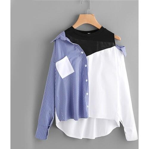 Fanco Contrast Patchwork Blouse Women Asymmetric Open Shoulder Sexy Tops Fall Fashion Striped Casual Dip Hem Shirt