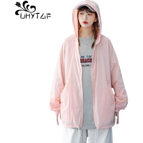 UHYTGF Oversized Sun Protection Clothing Women Thin Coat Fashion Ice Silk Hooded Breathable Summer Jacket Casual Loose Tops 1652