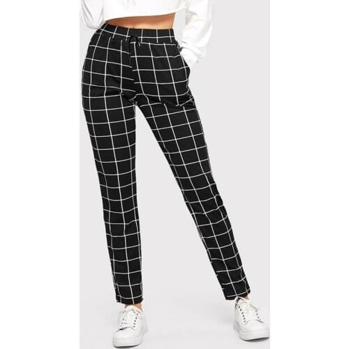 2021 Spring Women Black Plaid Printing Casual Skinny Pants Female Fitness Legging Pocket Leisure Time Pencil Pant Lady Trousers