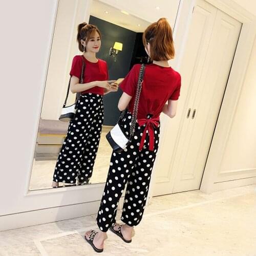 Women 2020 Summer Two Piece Set Clothes Female Fashion Casual Dot Print Wide Leg Pants Short T-Shirt Suits Fashion Outfits L162