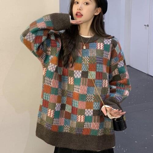 2021 Korean Loose Lazy Style Sweater Womens Autumn Winter Thickened Outerwear Fashion Retro Contrast Color Plaid Sweater Women
