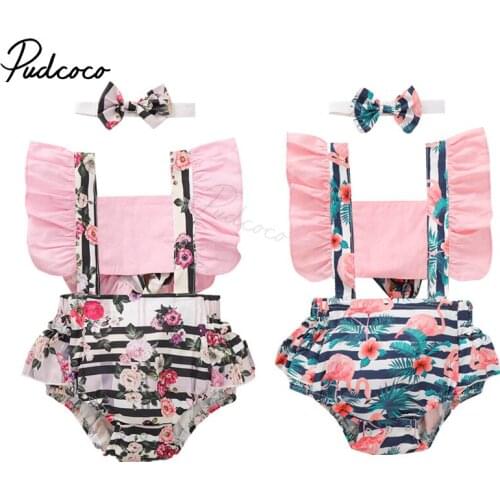 2021 Baby Summer Clothing Toddler Baby Girls Sleeveless Romper + Bow Headband Flower Print Hollow-carved Design Princess