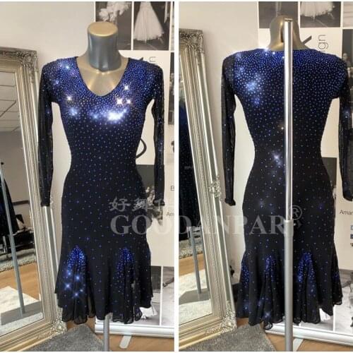 GOODANPAR New Style Latin Dance Dress Women Girls Dance Wear Salsa Samba Rumba Costume Sexy Dresses V-Neck Flesh long sleeve