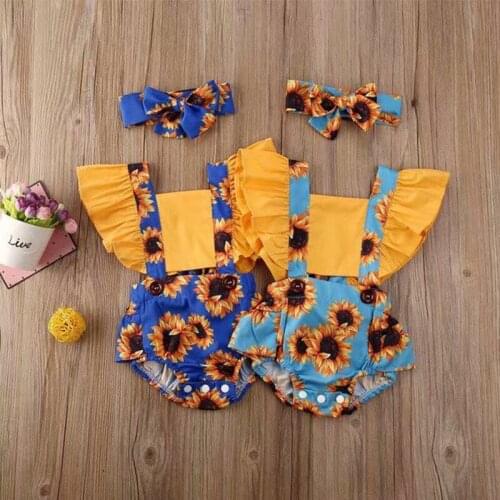 Newborn Kids Baby Girls Summer OutfitsSummer New Fashion Clothes Daily Bodysuit Flower Romper Headband Wholesale