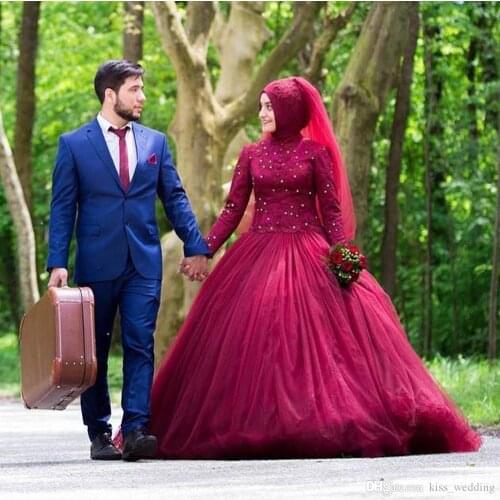 Red Islamic Long Sleeve Muslim Wedding Dress With Hijab Lace Wedding Gowns Bride Dresses Turkey High Neck Vestido de Casamento