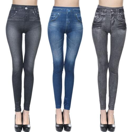 Denim Leggings Womens Thin Slimming Printed Imitation Jeans High Elastic Skinny Stretchy Women Leggings Pocket Pencil Pants