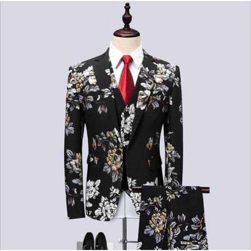 Korean Floral Print Mens Three-piece Blazer Vest Pants Sets Mens Nightclub Singer Performance Costume