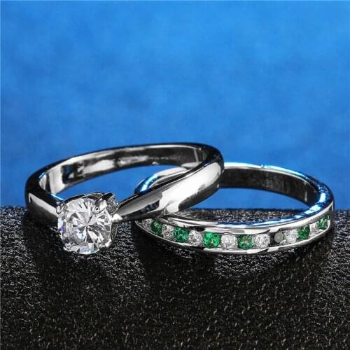 Classic 2 PCS/Set Green Zircon Spacer White Crystal Ring Set For Women Wedding Party Engagement Rings Jewelry Hand Accessories