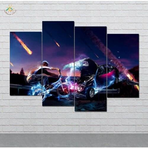 Wall Art HD Prints Canvas Art Painting Abstract Bike and Car Modular Picture And Poster Canvas Painting Decoration Home 4 PIECES
