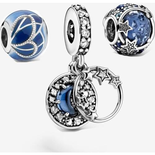 New 925 sterling silver Blue Stars Style Sky Crescent Moon and Stars Dangle Charm Fit pandora Bracelet DIY Jewelry