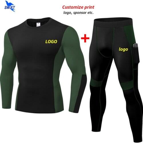 Custom LOGO Men Compression Sport Suit Long Sleeve Shirt+Leggings 2 Pcs Running Set Gym Fitness Training Sportswear Tracksuit